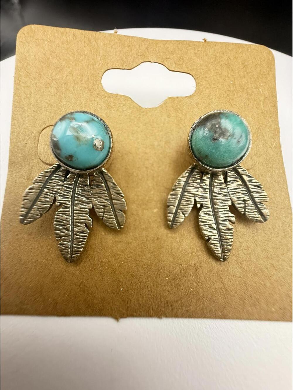 Southwestern Style Turquoise & Sterling Silver Feather Stud Earrings - Picture 3 of 4
